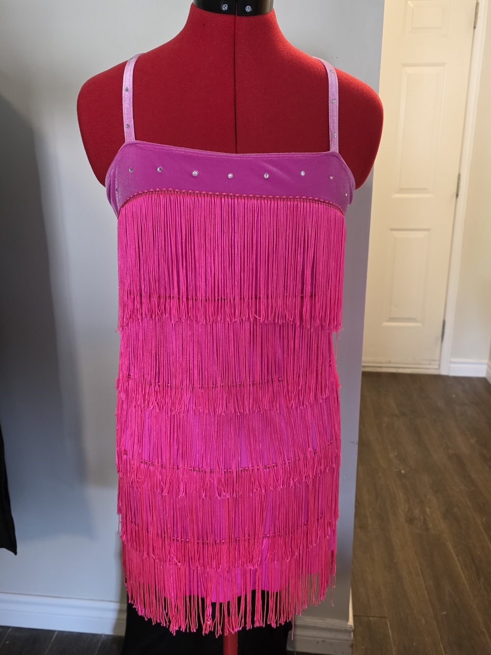 Hot Pink Fringe Flapper Party Halloween Costume Dress with Rhinestone Trim